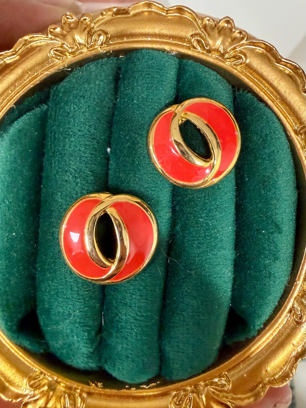 Gold-Tone Red Enamel Stud Earrings